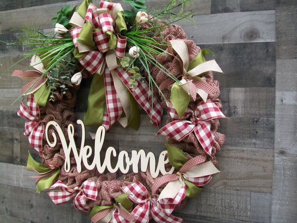 Large Burgandy & Beige Welcome All Occasion Country Farmhouse Wreath
