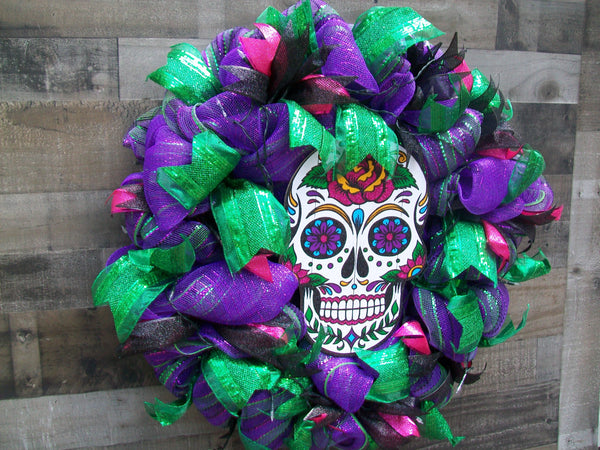 Halloween Glittered Skull Mesh Wreath with Remote Control Battery Operated Lights