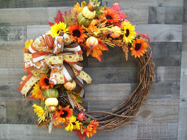 Orange Yellow Red Fall Harvest Thanksgiving Grapevine Pumpkin Gourd Wreath