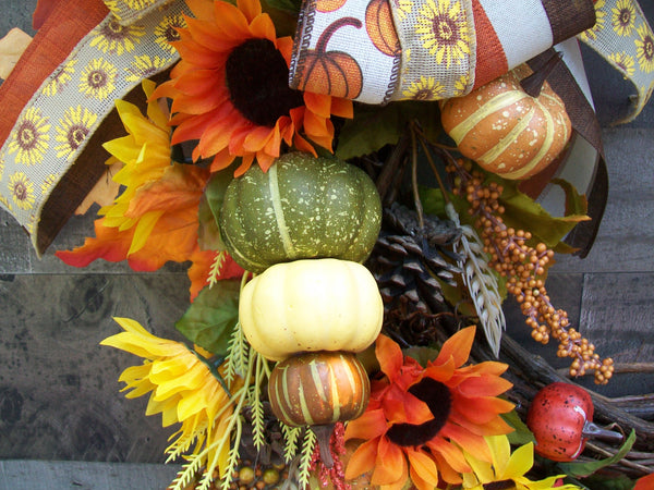 Orange Yellow Red Fall Harvest Thanksgiving Grapevine Pumpkin Gourd Wreath