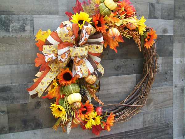 Orange Yellow Red Fall Harvest Thanksgiving Grapevine Pumpkin Gourd Wreath