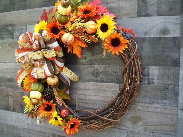 Orange Yellow Red Fall Harvest Thanksgiving Grapevine Pumpkin Gourd Wreath