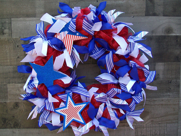 Red White Blue Patriotic Americana USA Mesh Wreath
