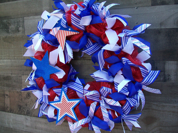 Red White Blue Patriotic Americana USA Mesh Wreath