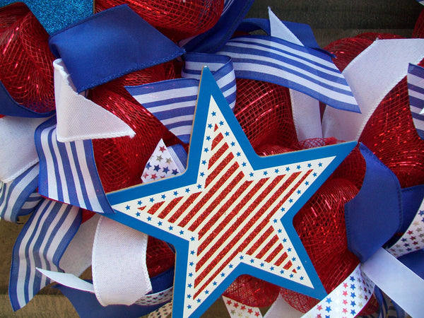 Red White Blue Patriotic Americana USA Mesh Wreath