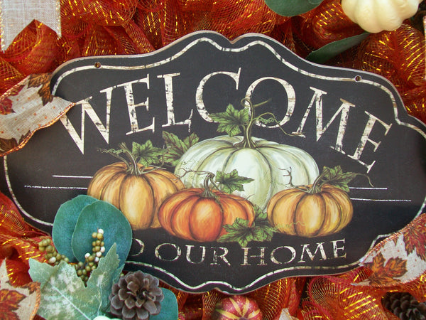 Orange Mesh Welcome Fall Autumn Thanksgiving Harvest Mesh Wreath