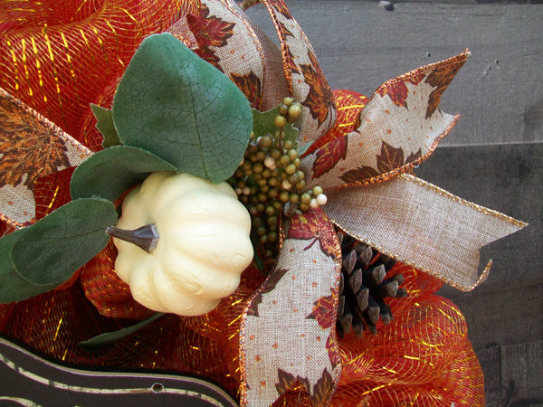 Orange Mesh Welcome Fall Autumn Thanksgiving Harvest Mesh Wreath