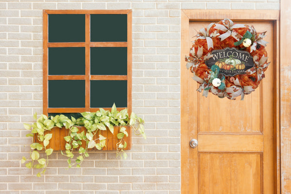 Orange Mesh Welcome Fall Autumn Thanksgiving Harvest Mesh Wreath