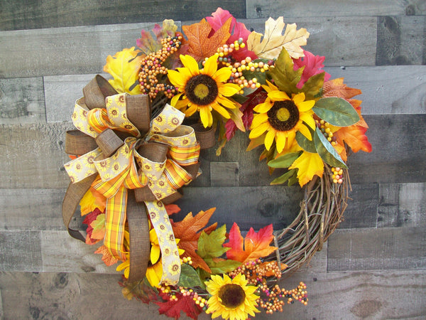 Grapevine Fall Autumn Wreath with Yellow Sunflowers & Bow