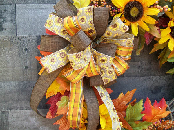 Grapevine Fall Autumn Wreath with Yellow Sunflowers & Bow