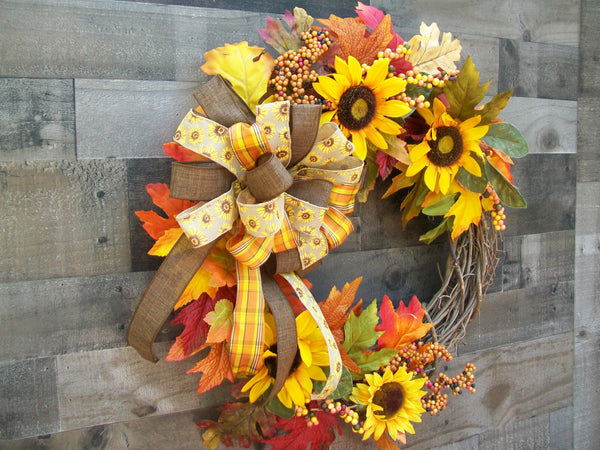 Grapevine Fall Autumn Wreath with Yellow Sunflowers & Bow
