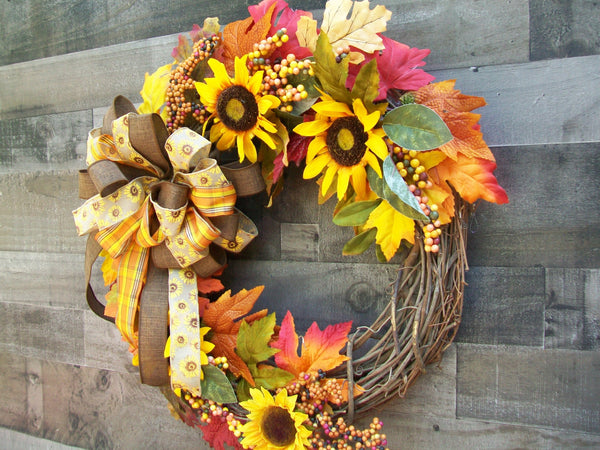 Grapevine Fall Autumn Wreath with Yellow Sunflowers & Bow