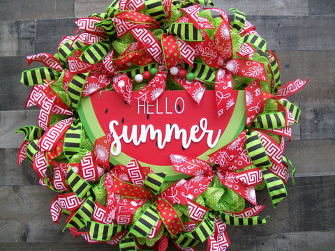 Spring Summer Watermelon Slice Red Green Colorful Red Green Mesh Front Door Wreath