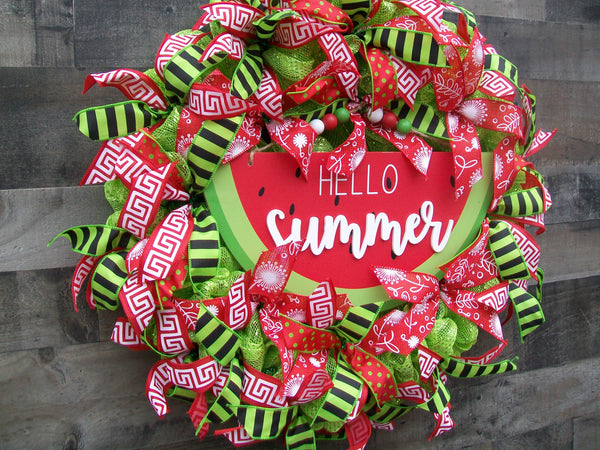 Spring Summer Watermelon Slice Colorful Red Green Mesh Front Door Wreath
