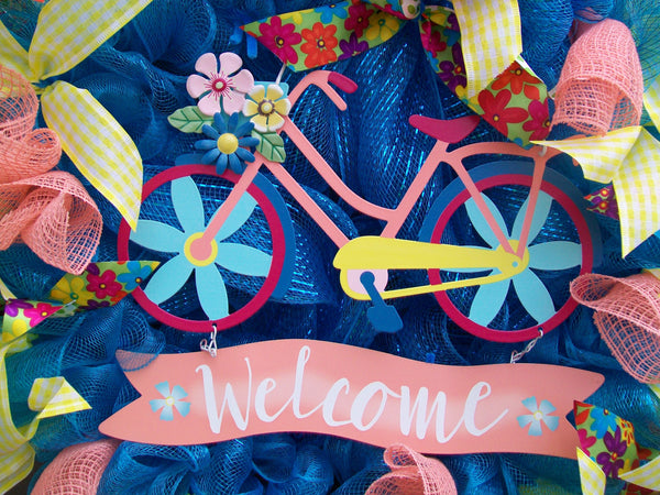 Bicycle Mesh Spring Summer Whimsical Multicolor Front Door Wreath