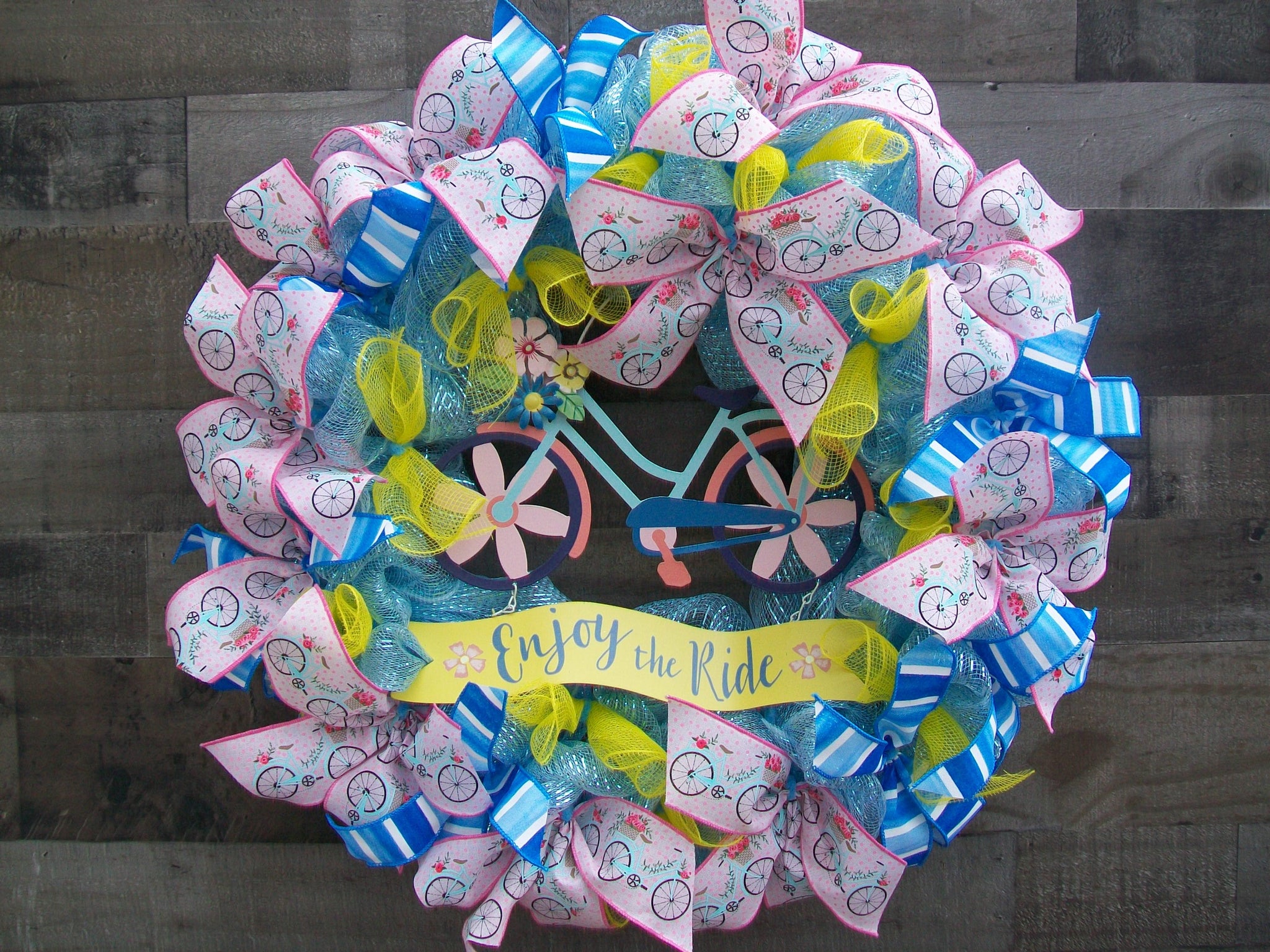 Enjoy the Ride Bicycle Ribbon Mesh Spring Summer Whimsical Multicolor Front Door Wreath
