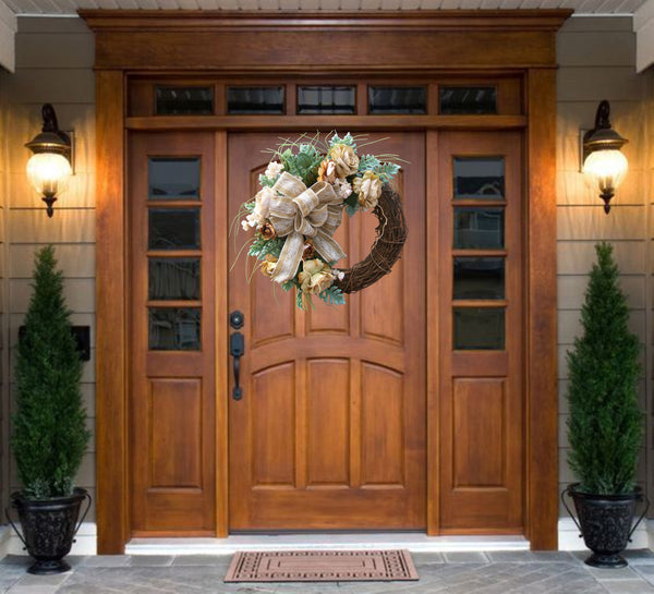 Country Farmhouse Grapevine Front Door Wreath with Beige Roses & Laced Burlap Ribbon