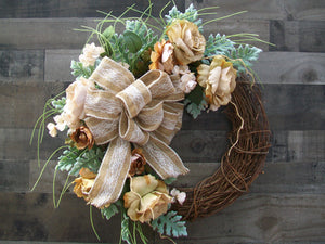 Country Farmhouse Grapevine Front Door Wreath with Beige Roses & Laced Burlap Ribbon