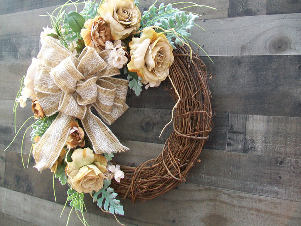 Country Farmhouse Grapevine Front Door Wreath with Beige Roses & Laced Burlap Ribbon