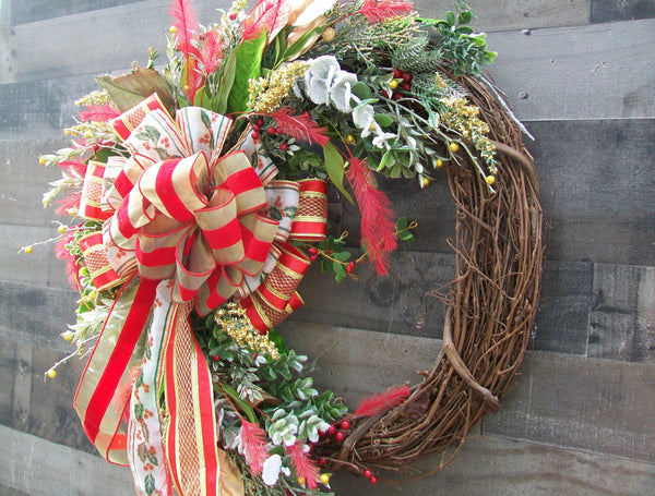 Red & Gold Christmas Grapevine Front Door Wreath with Large Bow & Feathers