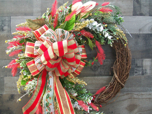 Red & Gold Christmas Grapevine Front Door Wreath with Large Bow & Feathers