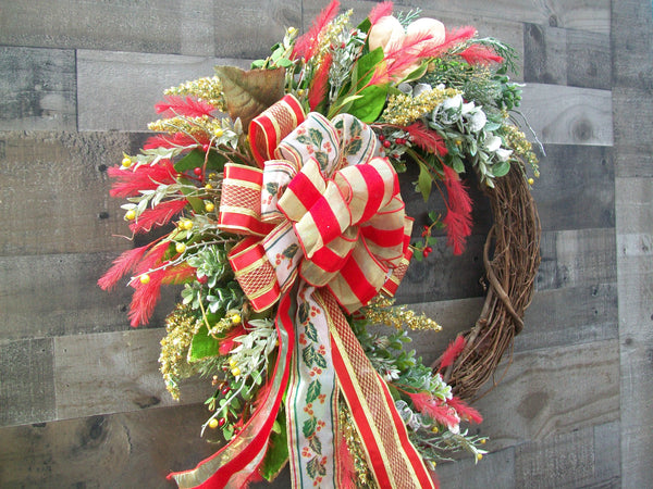 Red & Gold Christmas Grapevine Front Door Wreath with Large Bow & Feathers