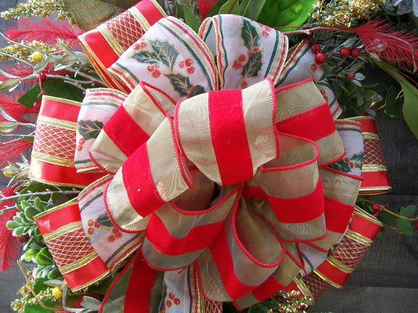 Red & Gold Christmas Grapevine Front Door Wreath with Large Bow & Feathers