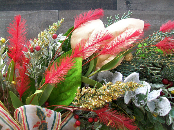 Red & Gold Christmas Grapevine Front Door Wreath with Large Bow & Feathers