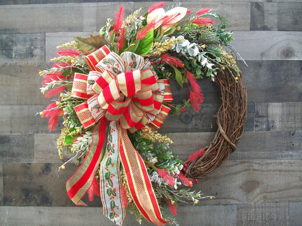 Red & Gold Christmas Grapevine Front Door Wreath with Large Bow & Feathers