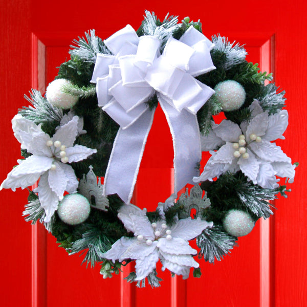 Winter Snow White Christmas Pine Poinsettias Front Door Wreath