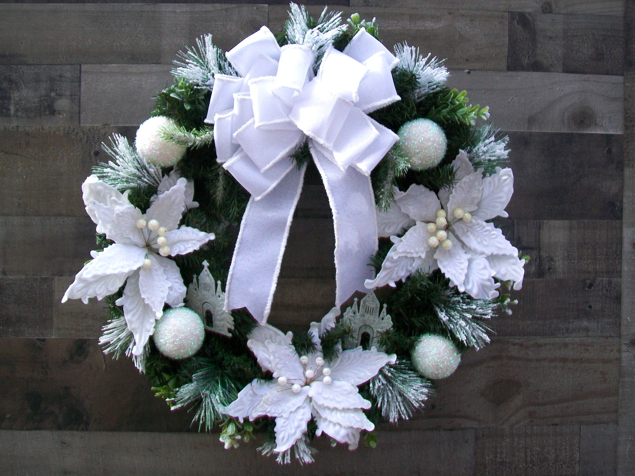 Winter Snow White Christmas Pine Poinsettias Front Door Wreath