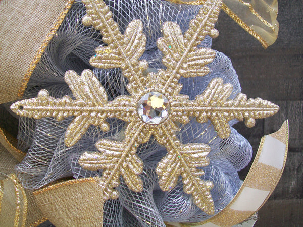 Large Silver & Gold Christmas Mesh Front Door Mantle Wreath