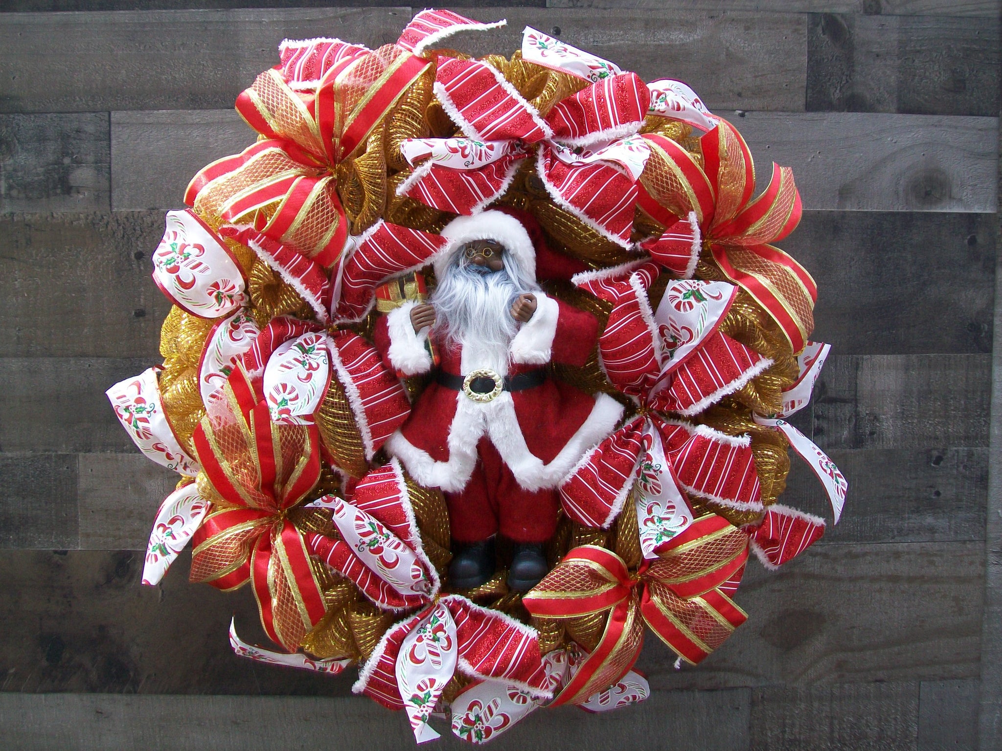 Lighted African American Black Santa Christmas Mesh Wreath with Battery Operated Lights