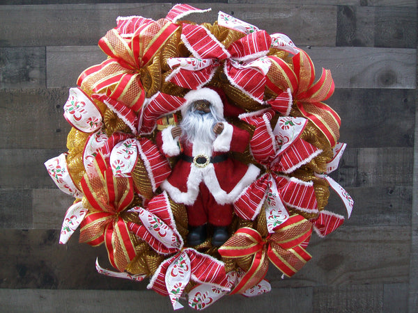 Lighted African American Black Santa Christmas Mesh Wreath with Battery Operated Lights