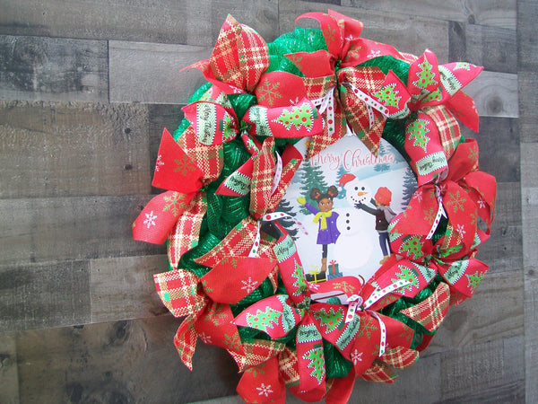 Merry Christmas African American Children Round Plaque Christmas Mesh Wreath