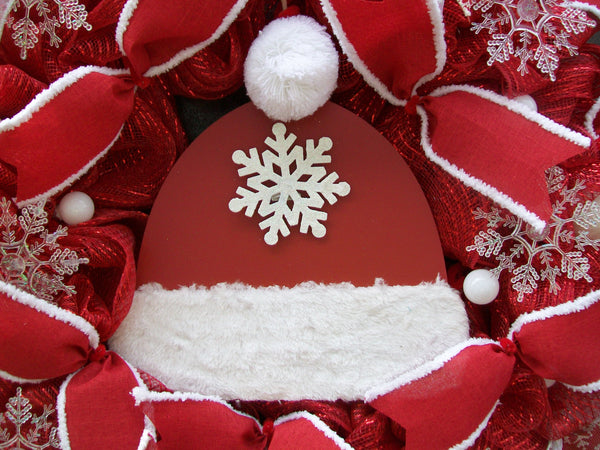 Red & White Snowflake Christmas Wreath with Wooden Red Hat Trimmed in White Fur