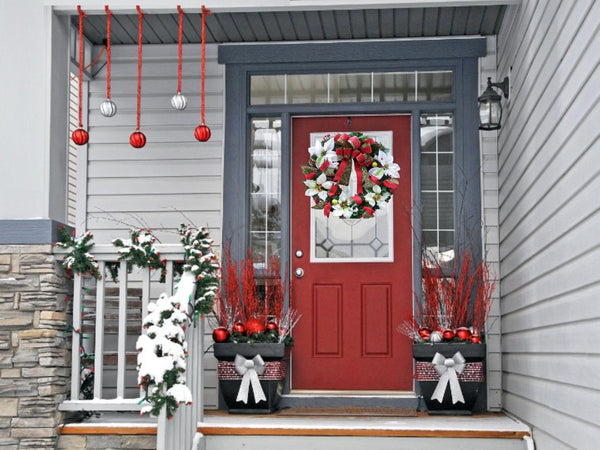 Red White Green Christmas Poinsettias Classic Pine Front Door Wreath