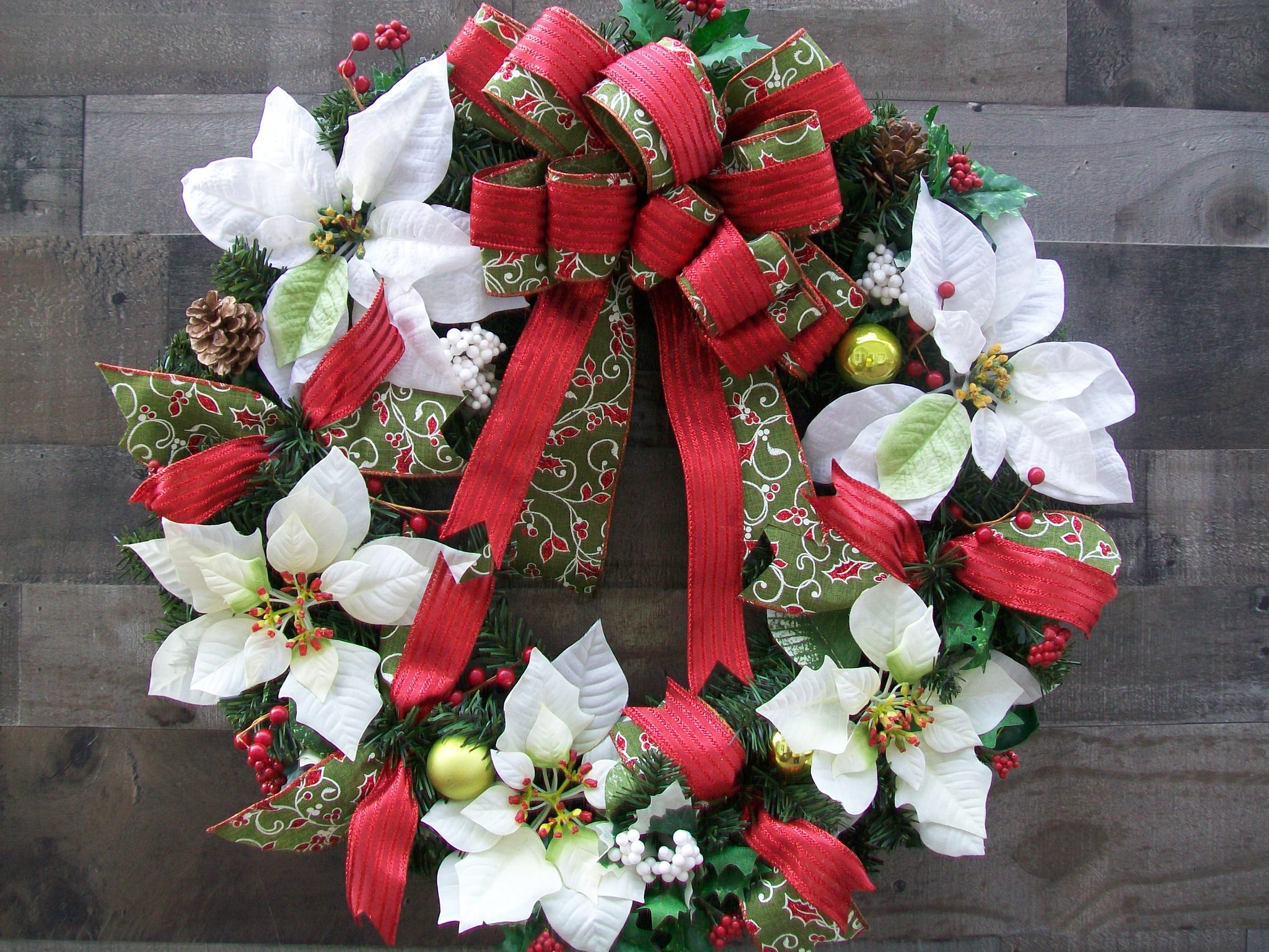 Red White Green Christmas Poinsettias Classic Pine Front Door Wreath