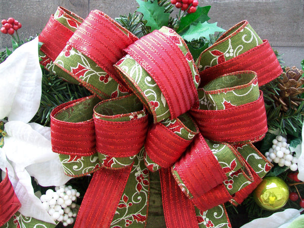 Red White Green Christmas Poinsettias Classic Pine Front Door Wreath