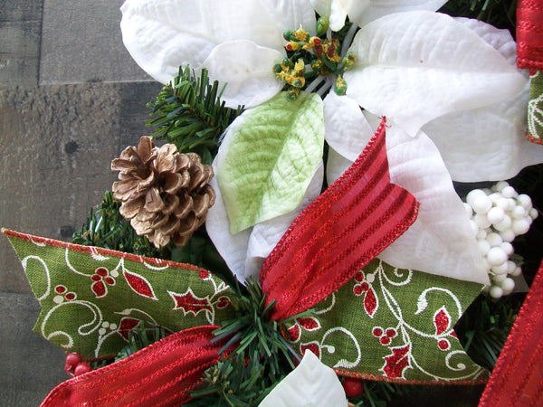 Red White Green Christmas Poinsettias Classic Pine Front Door Wreath