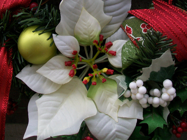 Red White Green Christmas Poinsettias Classic Pine Front Door Wreath