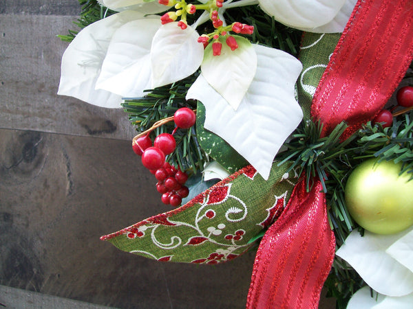 Red White Green Christmas Poinsettias Classic Pine Front Door Wreath