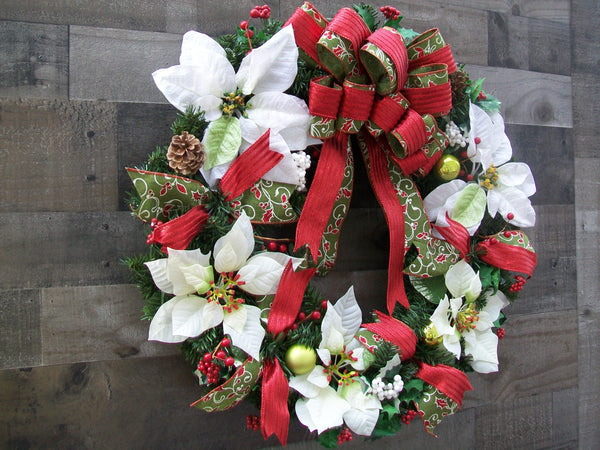 Red White Green Christmas Poinsettias Classic Pine Front Door Wreath