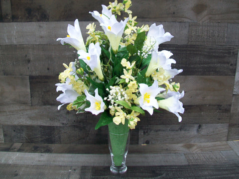 White Yellow Easter Lily Gravesite Graveyard Memorial Cemetery Cone Floral Arrangement