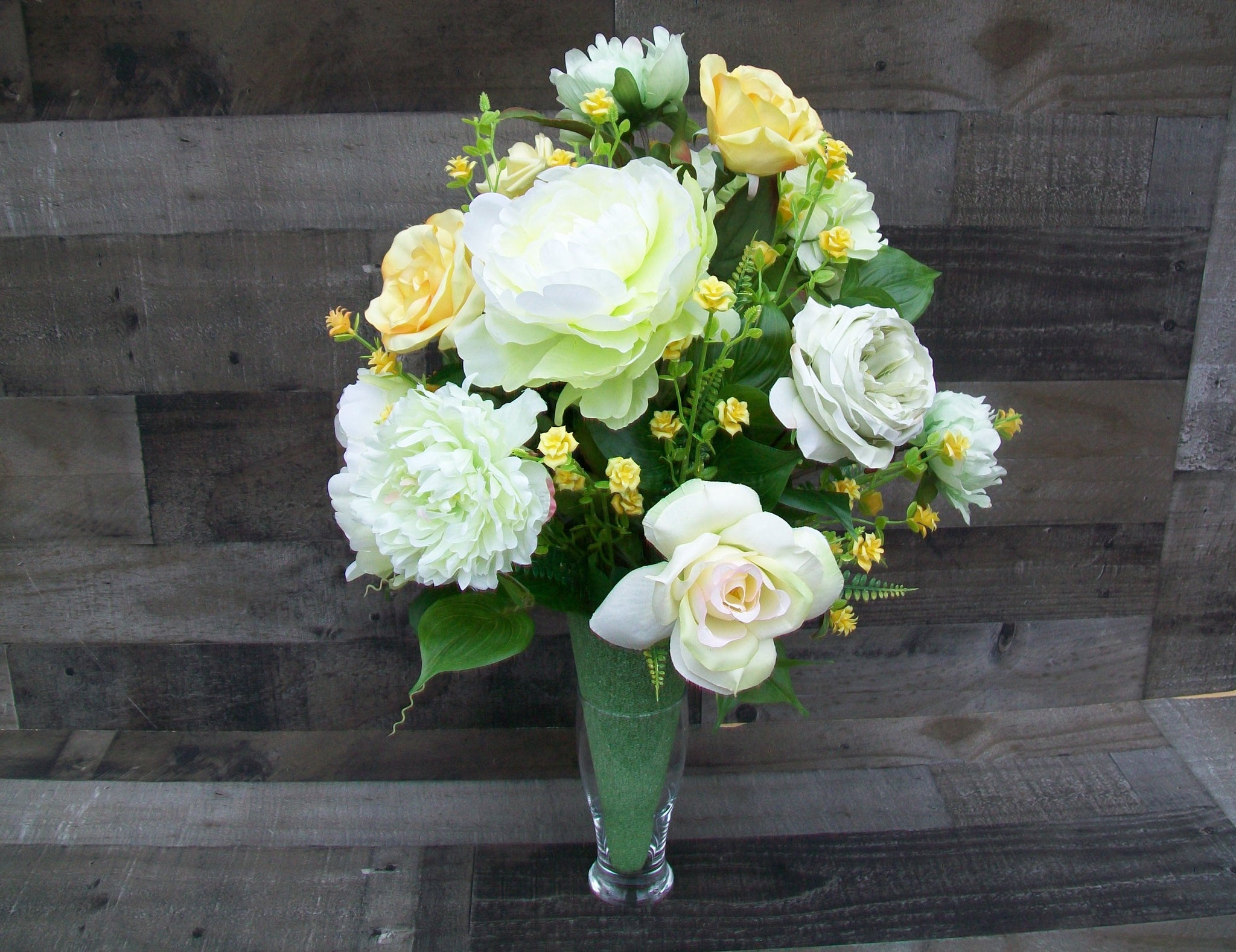 Spring Rose Peony Carnation Green & Yellow Cemetery Cone Floral Arrangement