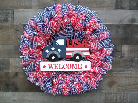 Red White & Blue Patriotic 4th of July Memorial Day USA Welcome Truck Wreath