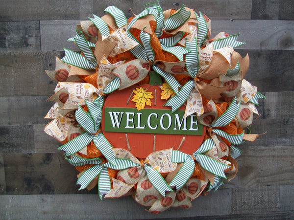 Fall Harvest Pumpkin Ribbon Mesh Round Front Door Wreath