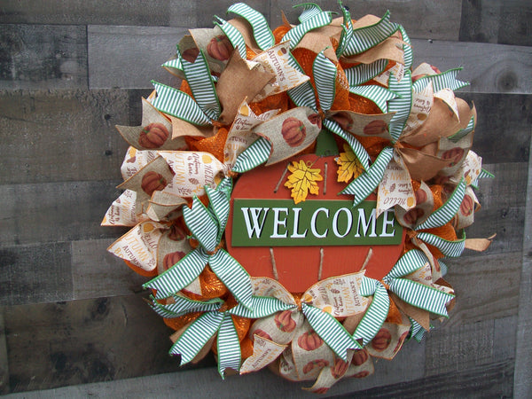 Fall Harvest Pumpkin Ribbon Mesh Round Front Door Wreath