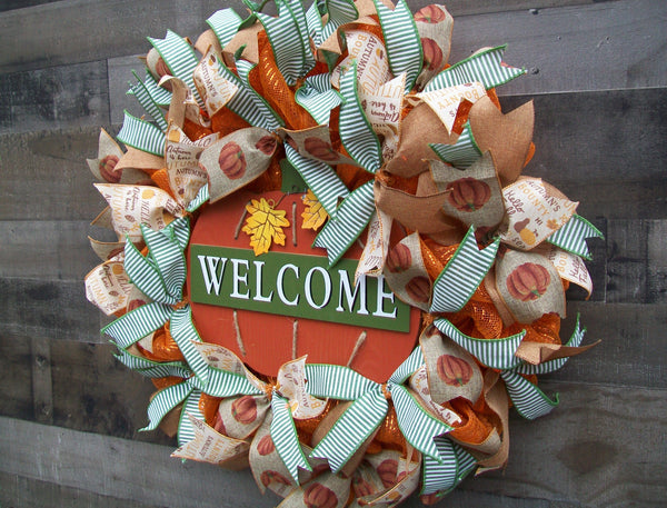 Fall Harvest Pumpkin Ribbon Mesh Round Front Door Wreath