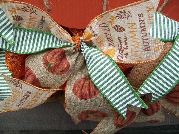 Fall Harvest Pumpkin Ribbon Mesh Round Front Door Wreath